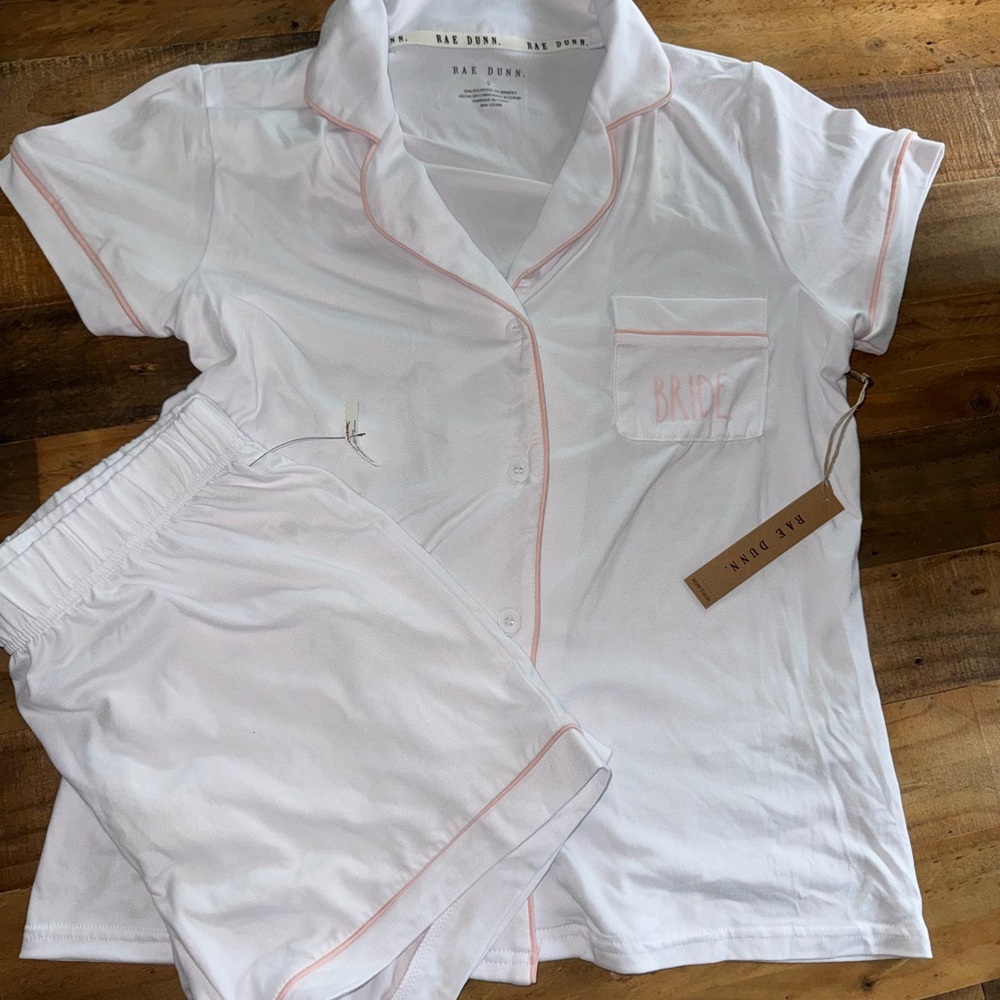 Rae Dunn BRIDE White Pajama Set with Soft Pink Accents